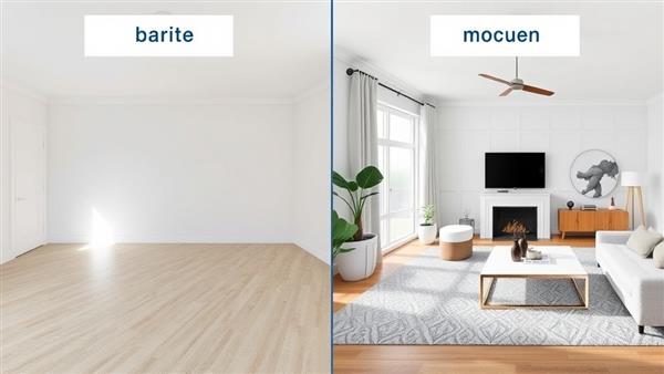 A side-by-side comparison image showcasing a plain and empty room next to a digitally staged room with modern furniture and decor, illustrating the transformative power of virtual property staging subscriptions.