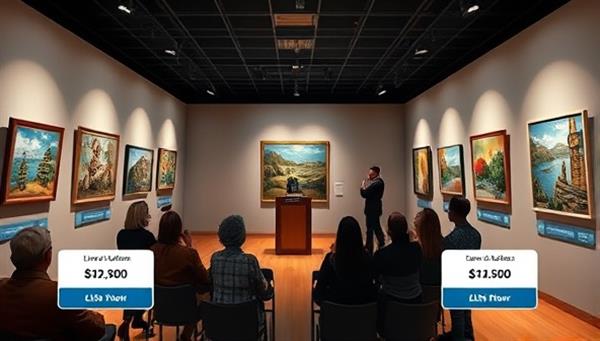 A digital art gallery setting with virtual art pieces displayed on walls, interactive bid buttons below each artwork, a live auctioneer conducting a virtual art auction, and attendees engaging in lively bidding discussions, creating an immersive and dynamic online art auction experience at ArtBids Gallery.