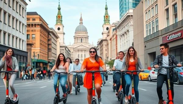 A vibrant and lively group of tourists riding electric scooters through a bustling city street, with iconic buildings and landmarks in the background, capturing the essence of adventure and exploration.