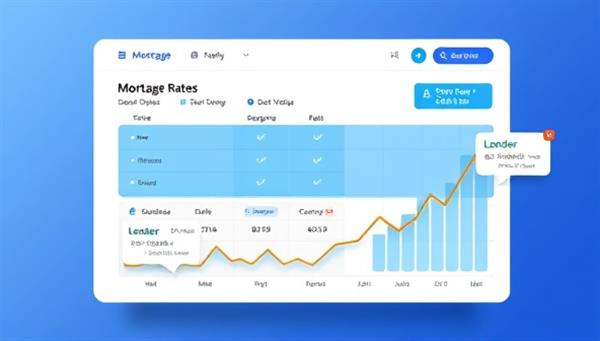 An interactive platform interface showcasing a user-friendly mortgage comparison tool with animated mortgage rate graphs and lender offers popping up, creating a dynamic and transparent experience for homebuyers navigating the mortgage market online.