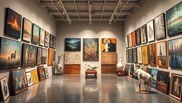 A sophisticated art storage and exhibition space filled with diverse artworks, sculptures, and installations, showcasing the versatility and premium services offered by ArtNook Gallery to artists, collectors, and art enthusiasts seeking a comprehensive art storage solution.