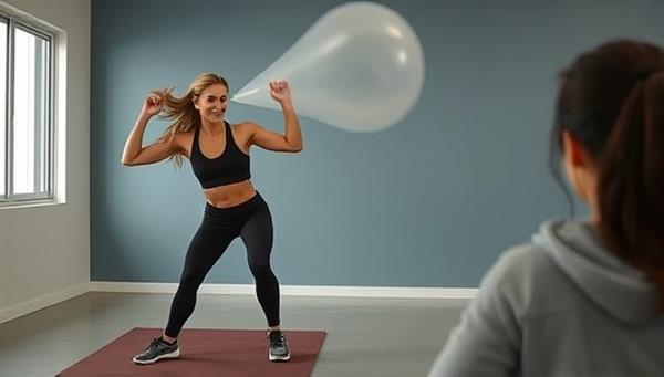 A dynamic and energetic virtual fitness session with a coach guiding a user through exercises via a video call, showcasing convenience and flexibility in workout routines.