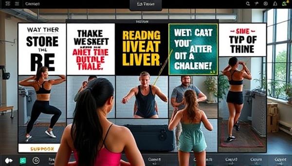 An energetic and dynamic image of an online fitness challenge session, featuring participants exercising together virtually, with motivational quotes, fitness equipment, and digital trackers visible on the screen, inspiring a sense of community and empowerment in fitness goals.