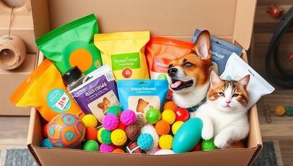 An array of colorful pet products neatly arranged in a box, with a happy dog and cat playing with toys and treats spilling out, conveying joy, excitement, and a sense of well-being for pets and their owners.