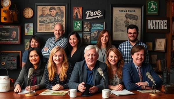 An artistic representation of a diverse range of podcast hosts within different niche genres, surrounded by themed props and visuals related to true crime, retro gaming, sustainability, and paranormal investigations, highlighting the unique and specialized content offerings of NichePod Networks.