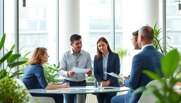 An image of a consultant discussing sustainable accounting strategies with a group of business professionals in a modern office setting, surrounded by plants and eco-friendly decor, symbolizing a focus on environmental responsibility and financial sustainability.