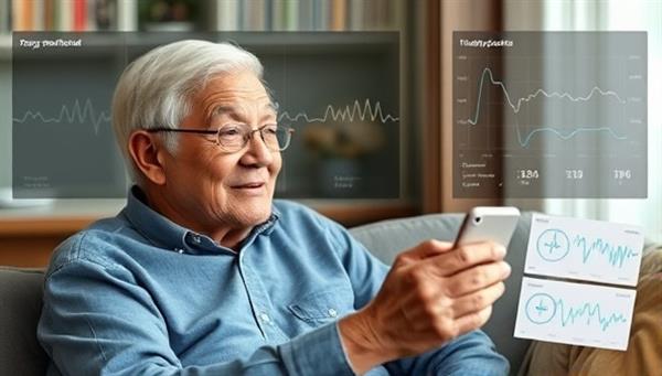 An elderly individual comfortably using a remote monitoring device at home, with a digital dashboard displaying vital signs and notifications, creating a sense of security and independence.