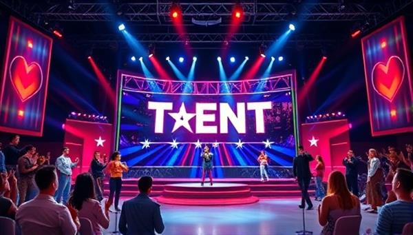 A vibrant virtual talent show stage with spotlights, cheering avatars, and various performers showcasing their talents, illustrating the diversity and excitement of the online talent show platform.