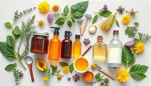 An artistic flat lay image featuring a variety of organic beauty ingredients neatly arranged in glass jars and bottles, surrounded by fresh herbs and flowers, creating a visually appealing and natural aesthetic that highlights the DIY beauty concept.