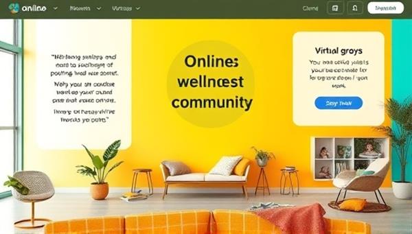 An inviting online wellness community space with vibrant colors, motivational quotes, and virtual group workout sessions, illustrating a supportive and engaging environment for wellness enthusiasts.