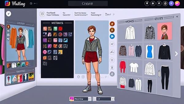 A sleek virtual design studio interface displaying a user creating a unique avatar with custom clothing options, accessories, and styling tools, surrounded by vibrant digital fabrics and design templates, showcasing the versatility and creativity of the platform.