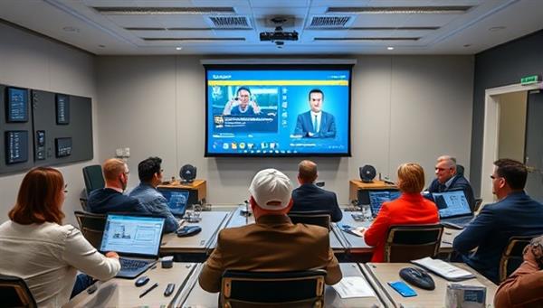A virtual classroom setting with government professionals attending a digital training session on cybersecurity, surrounded by interactive tech tools and a diverse group of trainers, illustrating continuous learning and skill development in the public sector.