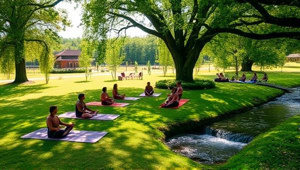 A tranquil wellness retreat setting with guests practicing yoga on a lush green lawn, a meditation circle under a canopy of trees, and a sound therapy session by a flowing stream, creating a harmonious and rejuvenating atmosphere at Serenity Haven Retreat.