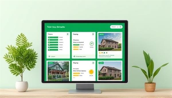 An online platform interface displaying listings of sustainable properties with energy-efficient ratings, green certifications, and eco-friendly amenities, creating a visually appealing and informative marketplace for environmentally conscious buyers and renters at GreenSpaces Realty.