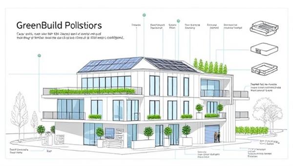 An architectural blueprint featuring a modern, energy-efficient building design with solar panels, green roofs, and rainwater harvesting systems, highlighting the sustainable features and innovation of GreenBuild Solutions consultancy.