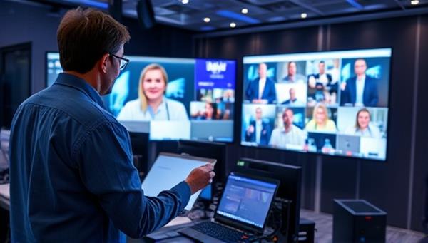 An image of a virtual event planner coordinating a virtual conference setup with multiple screens, technical equipment, and interactive elements, illustrating the behind-the-scenes coordination and expertise required for successful virtual events.