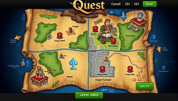 An illustrated quest map within the online casino interface, showcasing different levels, challenges, and rewards for players to explore and complete, symbolizing the interactive and rewarding loyalty program offered by Casino Quest.