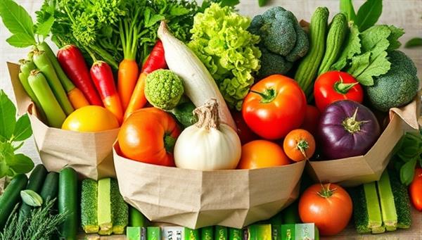 A vibrant image of colorful, fresh vegetables and fruits arranged in eco-friendly packaging, surrounded by green leaves and natural elements, conveying a message of freshness and sustainability.