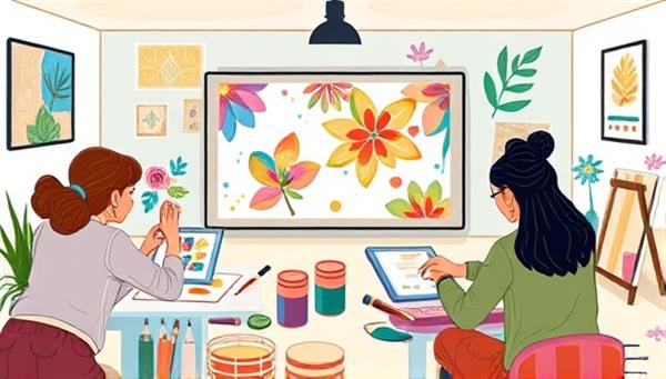 An artistic digital illustration of a virtual art therapy session, with participants engaging in creative expression through painting, drawing, and collage-making on an online platform, reflecting the therapeutic and healing aspects of art experiences facilitated by ArtMind Harmony.