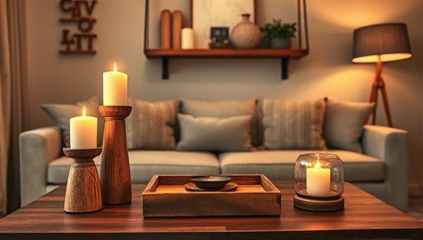 An inviting living room setup featuring handcrafted wooden candle holders, a decorative wall shelf, and a wooden tray on a cozy coffee table, illuminated by warm lighting, creating a rustic and elegant ambiance.