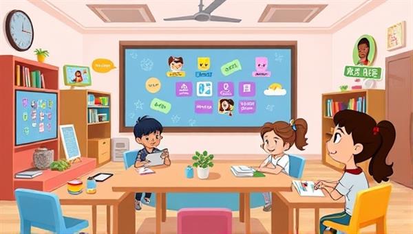 A colorful and playful virtual language classroom setting with cartoon characters, interactive language games, and engaging visual aids, creating a fun and immersive learning environment for kids.