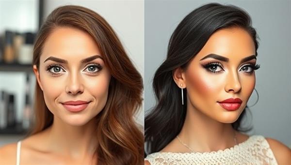 A split-screen image showing a before-and-after makeup transformation, with one side featuring a natural look and the other side showcasing a glamorous evening makeup style, highlighting the expertise and transformative power of virtual makeup consultations.