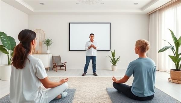 A virtual mental wellness workshop scene featuring a facilitator leading a group session on mindfulness and relaxation techniques, with participants engaging in guided meditation and reflection exercises, creating a calming and supportive virtual environment for mental well-being.