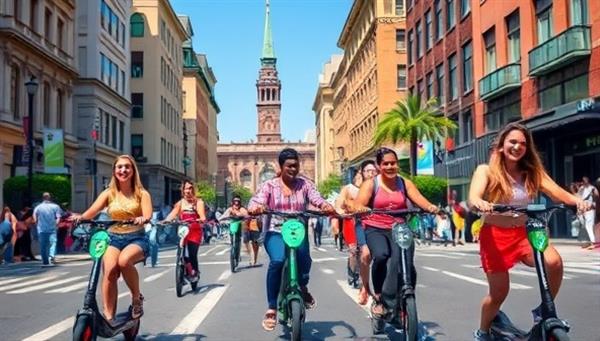 A vibrant image of a group of people joyfully riding electric scooters through a bustling city street, with iconic landmarks in the background, capturing the essence of exploration and adventure offered by ZapTours.