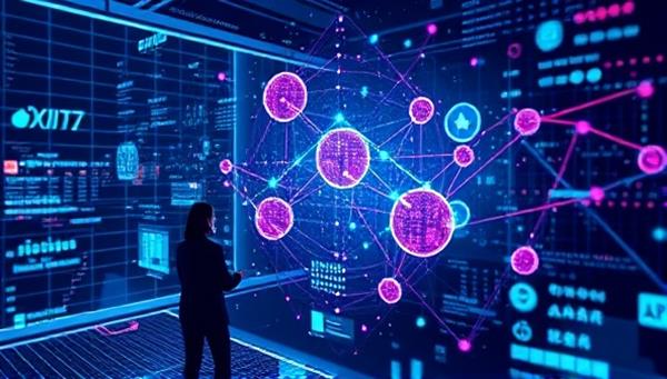 A futuristic visualization of interconnected data points and graphs floating in a digital space, with a user interacting with the visualizations using advanced technology interfaces, illustrating the innovative data exploration experience offered by DataVista.
