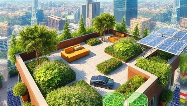 An artistic representation of a lush rooftop garden with a variety of plants, seating areas, and sustainable features like rainwater harvesting systems and solar panels, creating a green oasis in the midst of a bustling cityscape.