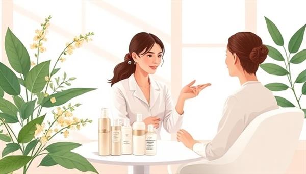 An elegant and serene digital illustration of a virtual skincare consultation session, featuring a consultant discussing skincare routines and product recommendations with a client, surrounded by botanical elements and soft, natural lighting, capturing the essence of AuraWell Online Consulting