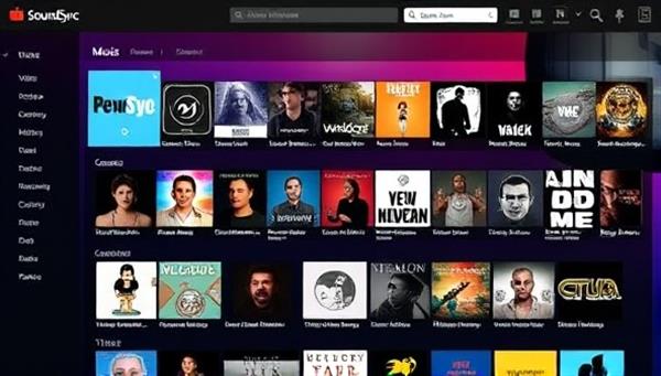 A vibrant visual representation of a digital music library interface with a diverse collection of music tracks categorized by genres, moods, and styles, conveying the accessibility and variety of royalty-free music available on SoundSync for content creators