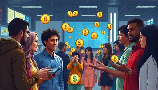 An artistic depiction of a diverse group of individuals exchanging virtual currency symbols in a digital marketplace setting, symbolizing community-driven investment and financial empowerment through peer-to-peer transactions.