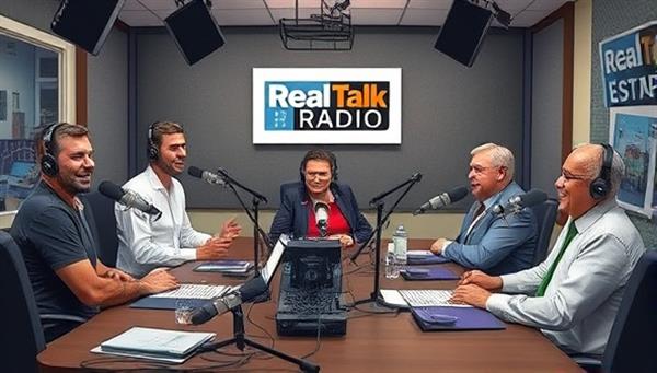 An artistic representation of a podcast studio setup with microphones, soundproofing panels, and recording equipment, featuring a diverse group of hosts and guests engaged in lively discussions about real estate topics, capturing the dynamic and informative nature of RealTalk Radio