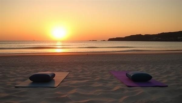 A tranquil beach setting with yoga mats, meditation cushions, and a serene sunset, evoking a sense of relaxation and well-being that embodies the essence of the bespoke wellness retreats offered by the service.