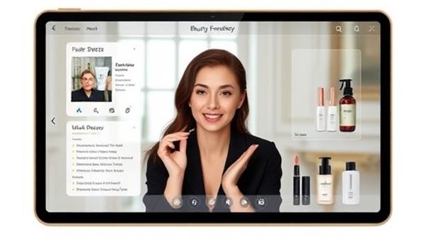 An elegant digital interface displaying a virtual beauty consultation session with a consultant discussing skincare routines, makeup tips, and product recommendations, creating a luxurious and personalized beauty experience.