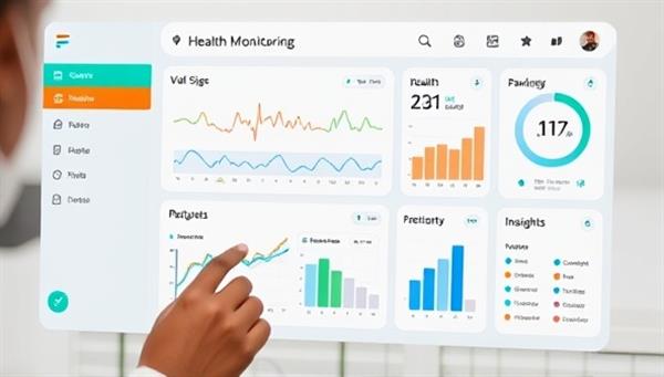 An interactive health monitoring dashboard displaying vital signs, medication reminders, and health insights for a patient managing their chronic condition remotely, symbolizing convenience and proactive healthcare management.