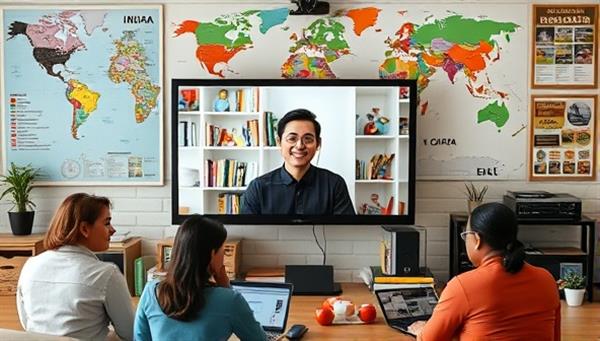An online language class setting with diverse participants interacting via video conference, led by a language instructor. The background shows virtual language learning resources, cultural posters, and a world map, creating a vibrant and immersive learning environment.