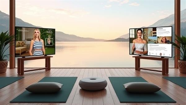 A tranquil virtual retreat setting with a serene backdrop, yoga mats, meditation cushions, and digital screens displaying wellness workshops and relaxation sessions, capturing the essence of the virtual health retreat experience offered by Wellness Wanderlust.