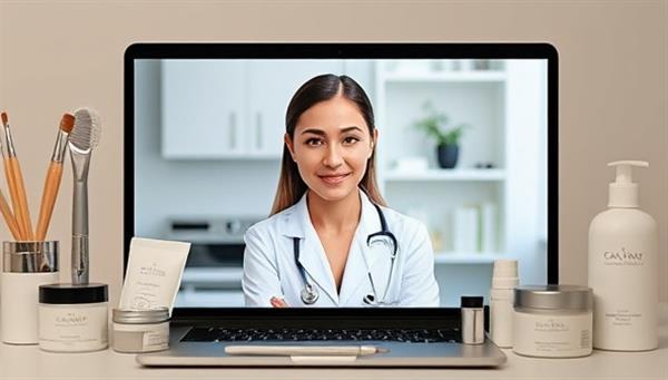 A virtual skincare clinic setup with a certified dermatologist conducting a skin assessment and consultation with a client through an online platform, surrounded by skincare tools and treatment products, creating a professional and personalized virtual skincare clinic experience.