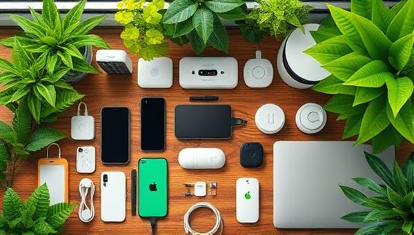 An array of sustainable tech gadgets neatly displayed on a wooden table, including solar-powered chargers, eco-friendly smart home devices, and energy-efficient laptops, surrounded by lush green plants, creating a harmonious blend of technology and nature.