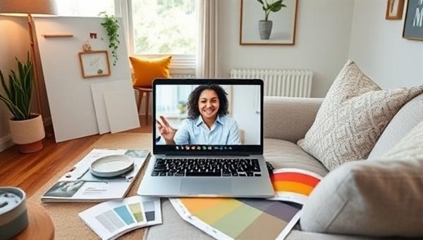 A virtual consultation setup featuring a cozy living room with a laptop showing a video call interface between a homeowner and a renovation expert, surrounded by mood boards, paint swatches, and renovation catalogs, illustrating a modern and convenient approach to home renovations.