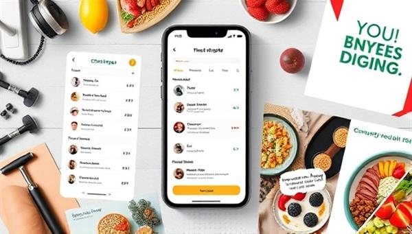 An interactive app interface mockup displaying fitness challenges, progress trackers, and community chat features, surrounded by images of workout equipment, healthy meals, and motivational quotes, capturing the engaging and supportive environment of FitTribe Challenges.