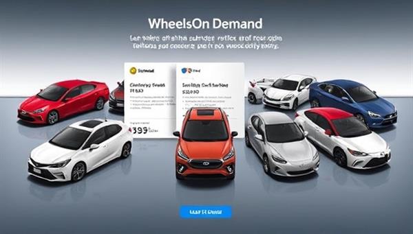 An artistic representation of a diverse lineup of vehicles available for subscription, including compact cars, SUVs, and electric models, with a digital interface showing subscription plan options and benefits, highlighting the convenience and flexibility of WheelsOn Demand