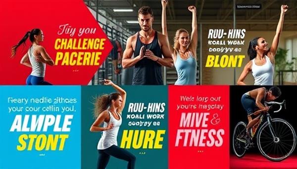 An energetic and motivational digital poster featuring diverse individuals engaged in various fitness activities like running, weightlifting, yoga, and cycling, with bold challenge titles and inspiring quotes, encouraging participation and healthy competition.
