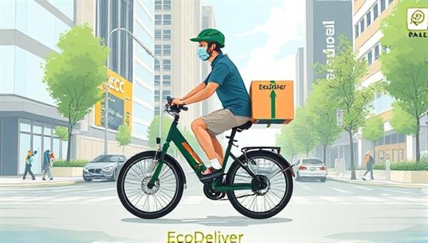 An illustration of an electric bike courier navigating through a bustling city street with a delivery box labeled EcoDeliver, surrounded by greenery and clean air, symbolizing the sustainability and efficiency of the service.
