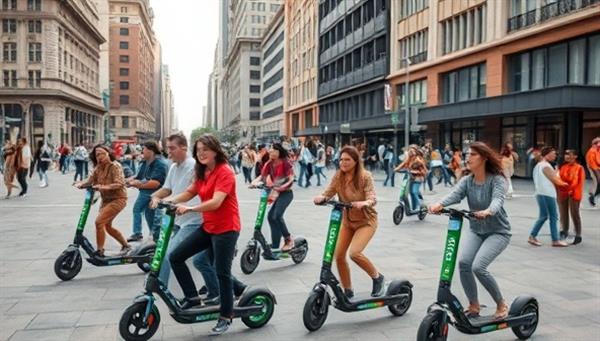 An image of a bustling city square with individuals of diverse backgrounds and ages riding electric scooters from EcoGlide Share, showcasing the accessibility and inclusivity of the service for urban dwellers seeking sustainable and convenient transportation options.