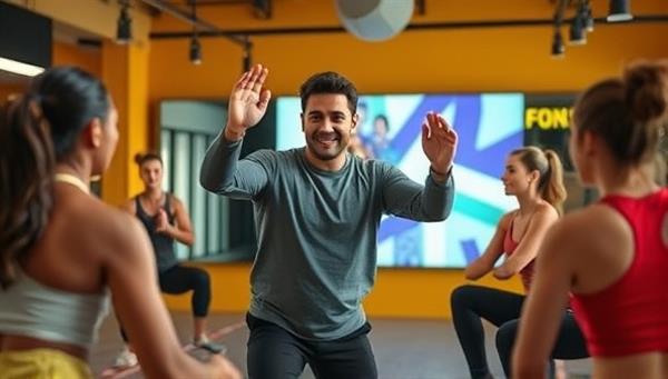 A dynamic and energetic trainer guiding a virtual workout session with diverse participants, showcasing a blend of technology and fitness in a vibrant setting.