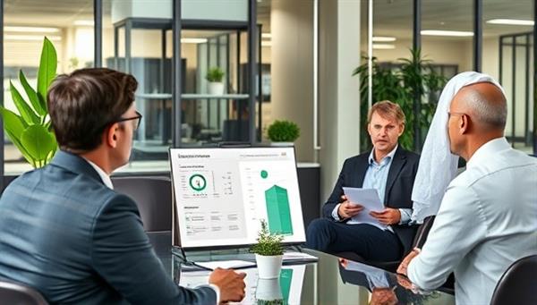 An office setting with a consultant presenting a detailed sustainability report to a group of attentive business executives, emphasizing the financial and environmental benefits of going green.