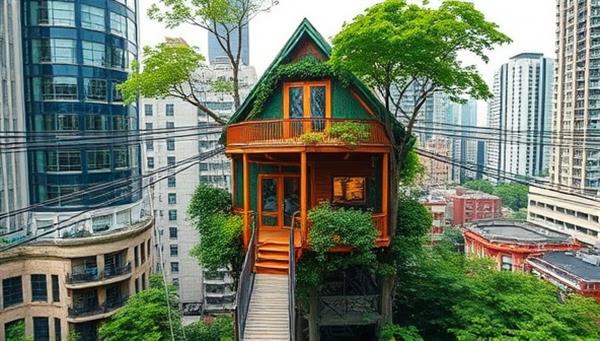 An artistically designed urban treehouse nestled among city skyscrapers, surrounded by lush greenery and connected by suspension bridges, offering a serene and eco-friendly retreat at SkyNest Urban Retreats.